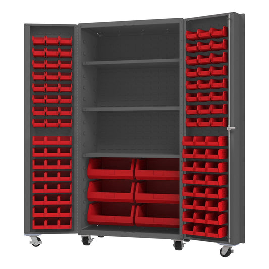 Centerline Dynamics Durham Mobile Cabinets Red Durham Mobile Cabinet, 14 Gauge, 102 Bins, 3 shelves, 36 x 24 x 76