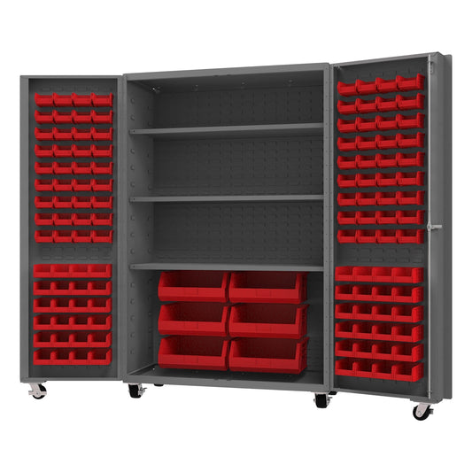 Centerline Dynamics Durham Mobile Cabinets Red Durham Mobile Cabinet, 14 Gauge, 126 Bins, 3 shelves, 48 x 24 x 76