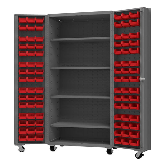 Centerline Dynamics Durham Mobile Cabinets Red Durham Mobile Cabinet, 14 Gauge, 96 Bins, 4 shelves, 36 x 24 x 76