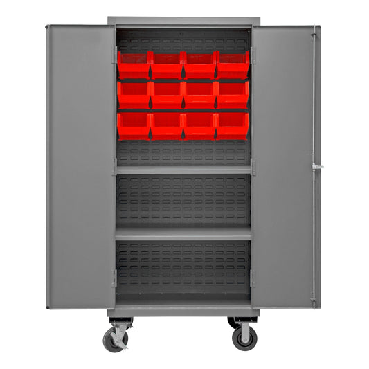 Centerline Dynamics Durham Mobile Cabinets Red Durham Mobile Cabinet, 16 Gauge, 2 Shelves, 12 Red Bins, 36 x 24 x 81