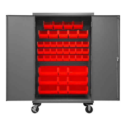 Centerline Dynamics Durham Mobile Cabinets Red Durham Mobile Cabinet, 14 Gauge, 42 Red Bins, 48 x 24 x 81