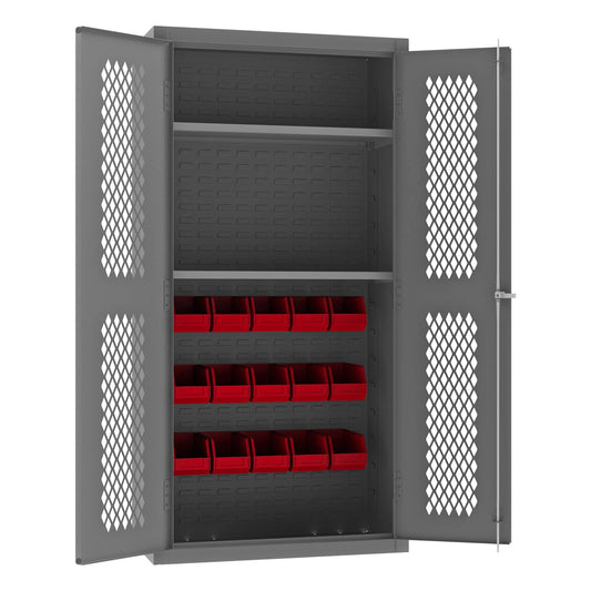 Centerline Dynamics Durham Mobile Cabinets Red Durham Ventilated Cabinet, 14 Gauge, 2 Shelves, 15 Red Bins, 36 x 18 x 72