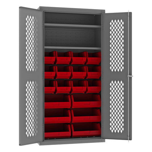 Centerline Dynamics Durham Mobile Cabinets Red Durham Ventilated Cabinet, 14 Gauge, 2 Shelves, 18 Red Bins, 36 x 18 x 72