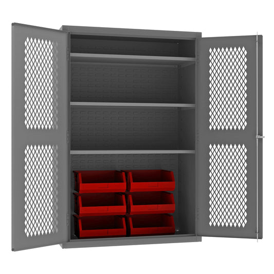 Centerline Dynamics Durham Mobile Cabinets Red Durham Ventilated Cabinet, 14 Gauge, 3 Shelves, 6 Red Bins, 48 x 24 x 72