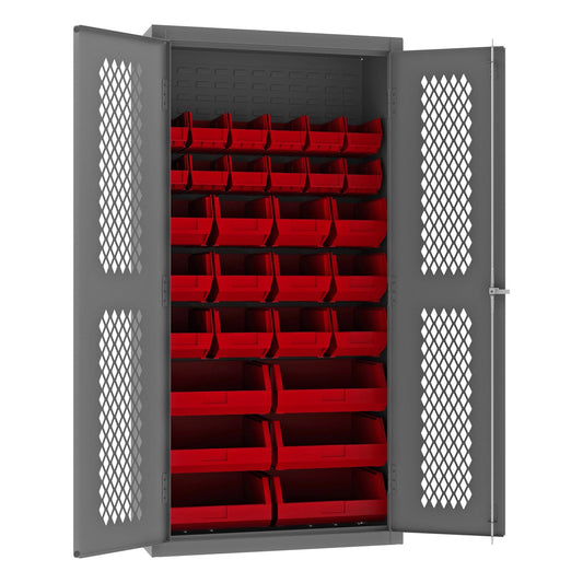 Centerline Dynamics Durham Mobile Cabinets Red Durham Ventilated Cabinet, 14 Gauge, 30 Red Bins, 36 x 18 x 72