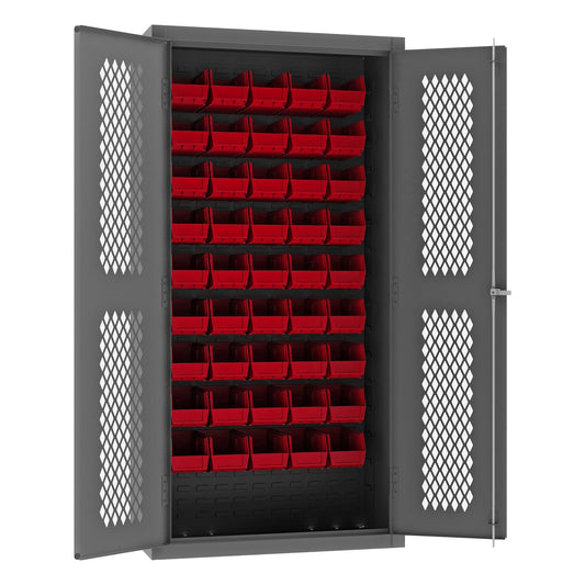 Centerline Dynamics Durham Mobile Cabinets Red Durham Ventilated Cabinet, 14 Gauge, 45 Red Bins, 36 x 18 x 72