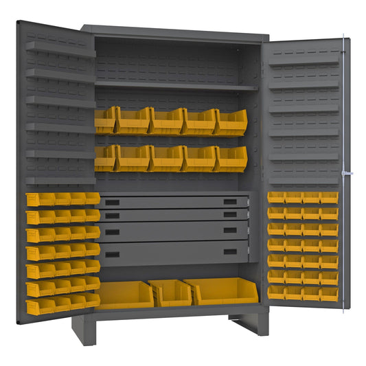Centerline Dynamics Durham Mobile Cabinets Yellow Durham Cabinet, 14 Gauge, 4 Drawer, 12 Door Shelves, 69 Bins, 48 x 24 x 78