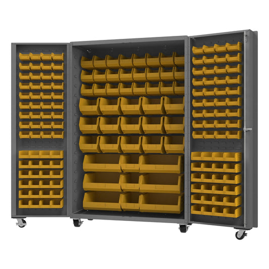 Centerline Dynamics Durham Mobile Cabinets Yellow Durham Mobile Bin Cabinet, 14 Gauge, 168 Bins, 48 x 24 x 76