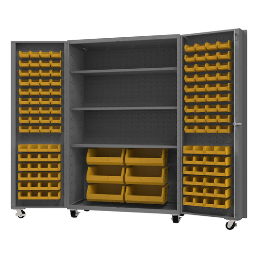 Centerline Dynamics Durham Mobile Cabinets Yellow Durham Mobile Cabinet, 14 Gauge, 126 Bins, 3 shelves, 48 x 24 x 76