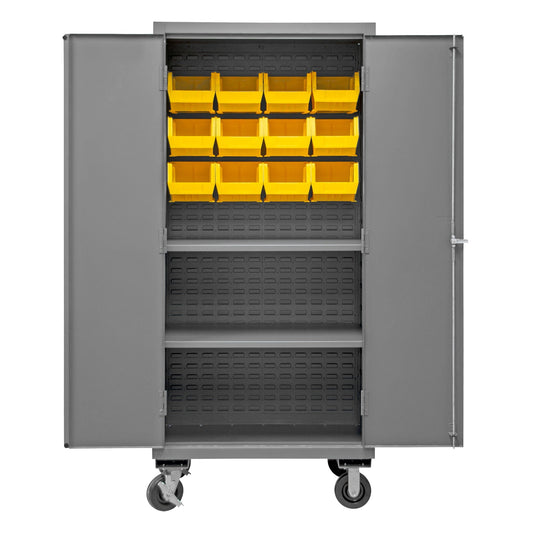 Centerline Dynamics Durham Mobile Cabinets Yellow Durham Mobile Cabinet, 16 Gauge, 2 Shelves, 12 Red Bins, 36 x 24 x 81