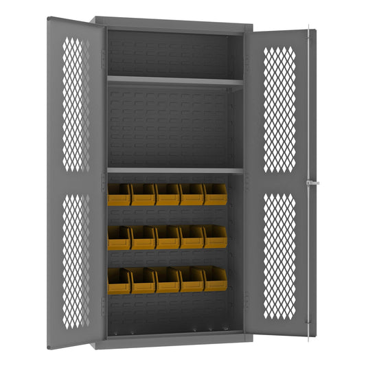 Centerline Dynamics Durham Mobile Cabinets Yellow Durham Ventilated Cabinet, 14 Gauge, 2 Shelves, 15 Red Bins, 36 x 18 x 72