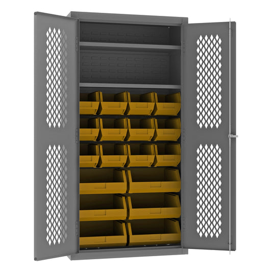 Centerline Dynamics Durham Mobile Cabinets Yellow Durham Ventilated Cabinet, 14 Gauge, 2 Shelves, 18 Red Bins, 36 x 18 x 72