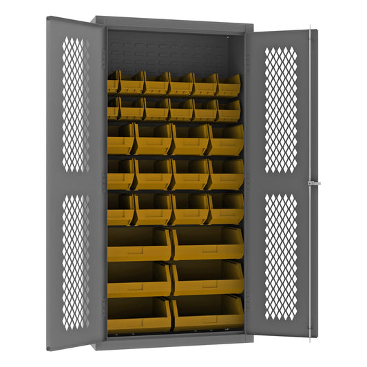 Centerline Dynamics Durham Mobile Cabinets Yellow Durham Ventilated Cabinet, 14 Gauge, 30 Red Bins, 36 x 18 x 72