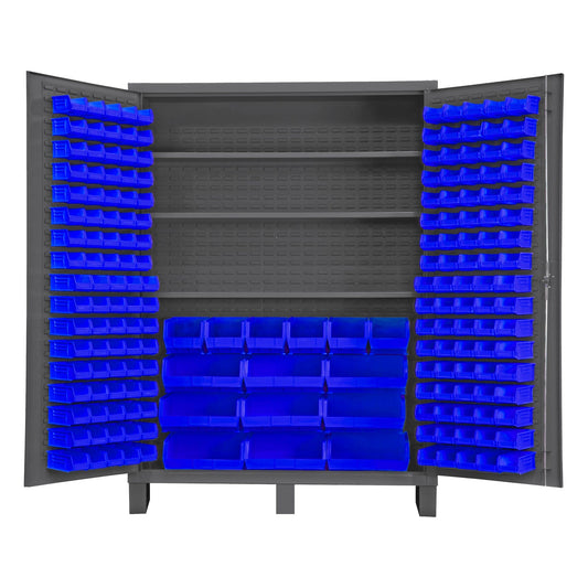 Centerline Dynamics Durham Speciality Cabinets 60 x 24 x 84 / Blue Durham Cabinet, 14 Gauge, 3 Shelves, 185 Red Bins