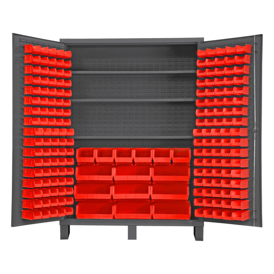 Centerline Dynamics Durham Speciality Cabinets 60 x 24 x 84 / Red Durham Cabinet, 14 Gauge, 3 Shelves, 185 Red Bins