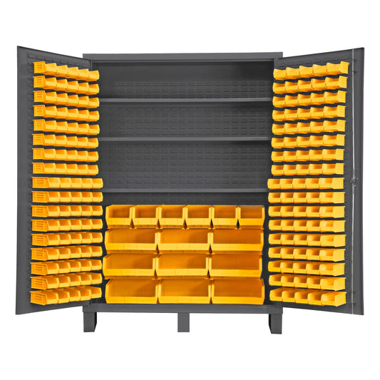Centerline Dynamics Durham Speciality Cabinets 60 x 24 x 84 / Yellow Durham Cabinet, 14 Gauge, 3 Shelves, 185 Red Bins