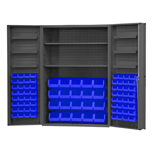 Centerline Dynamics Durham Speciality Cabinets Blue Durham Cabinet, 14 Gauge, 2 Shelves, 6 Door Trays, 84 Red Bins, 48 x 24 x 72