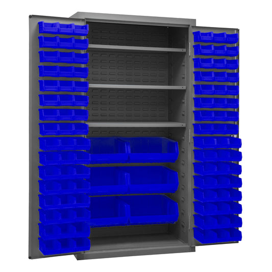 Centerline Dynamics Durham Speciality Cabinets Blue Durham Cabinet, 14 Gauge, 3 Shelves, 102 Red Bins, 36 x 24 x 72