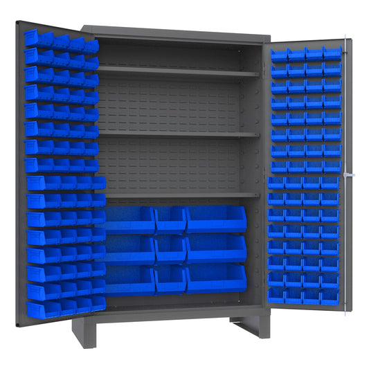 Centerline Dynamics Durham Speciality Cabinets Blue Durham Cabinet, 14 Gauge, 3 Shelves, 137 Red Bins, 48 x 24 x 78