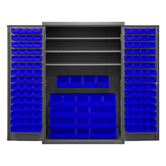 Centerline Dynamics Durham Speciality Cabinets Blue Durham Cabinet, 14 Gauge, 3 Shelves, 138 Red Bins, 48 x 24 x 72