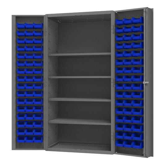 Centerline Dynamics Durham Speciality Cabinets Blue Durham Cabinet, 14 Gauge, 4 Shelves, 96 Red Bins, 36 x 24 x 72