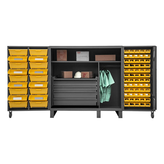 Centerline Dynamics Durham Speciality Cabinets Durham Cabinet, 12 Gauge, 2 Shelves, 60 Bins, 18 Tilt-Bins, 4 Drawer, Wardrobe Bar, 60 x 36 x 60