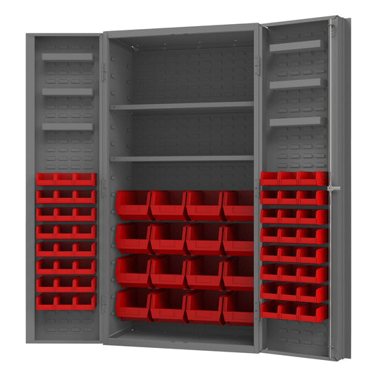 Centerline Dynamics Durham Speciality Cabinets Red Durham Cabinet, 14 Gauge, 2 Shelves, 6 Door Trays, 64 Red Bins, 36 x 24 x 72
