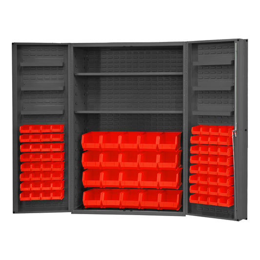 Centerline Dynamics Durham Speciality Cabinets Red Durham Cabinet, 14 Gauge, 2 Shelves, 6 Door Trays, 84 Red Bins, 48 x 24 x 72