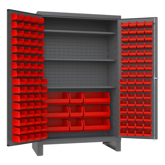 Centerline Dynamics Durham Speciality Cabinets Red Durham Cabinet, 14 Gauge, 3 Shelves, 137 Red Bins, 48 x 24 x 78