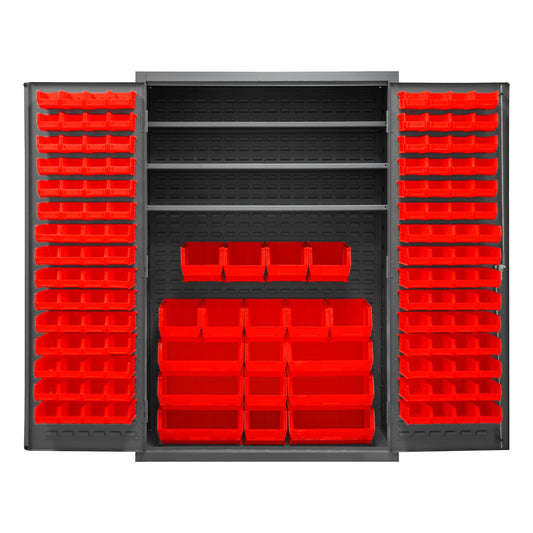 Centerline Dynamics Durham Speciality Cabinets Red Durham Cabinet, 14 Gauge, 3 Shelves, 138 Red Bins, 48 x 24 x 72
