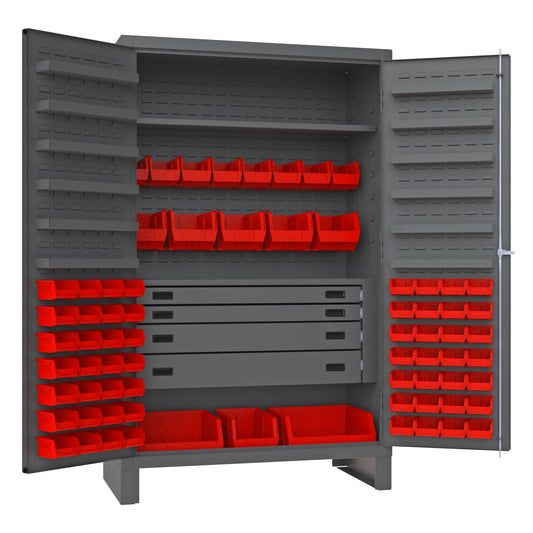 Centerline Dynamics Durham Speciality Cabinets Red Durham Cabinet, 14 Gauge, 4 Drawer, 12 Door Shelves, 72 Bins, 48 x 24 x 78