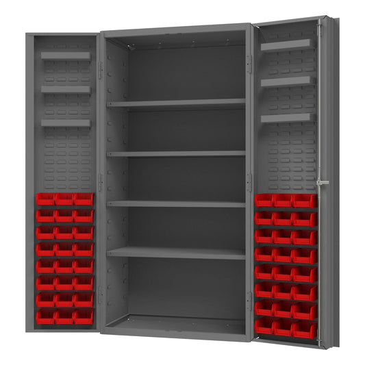 Centerline Dynamics Durham Speciality Cabinets Red Durham Cabinet, 14 Gauge, 4 Shelves, 6 Door Trays, 48 Red Bins, 36 x 24 x 72