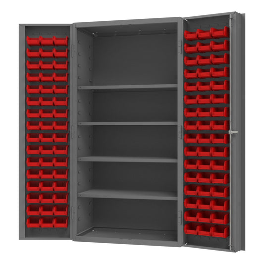 Centerline Dynamics Durham Speciality Cabinets Red Durham Cabinet, 14 Gauge, 4 Shelves, 96 Red Bins, 36 x 24 x 72
