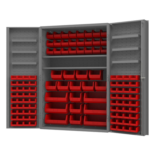 Centerline Dynamics Durham Speciality Cabinets Red Durham Cabinet, 14 Gauge, 6 Door Trays, 2 adjustable shelves, 114 Bins, 48 x 24 x 72