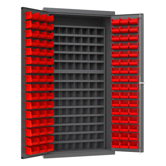 Centerline Dynamics Durham Speciality Cabinets Red Durham Small Parts Storage & Security Cabinet with 112 Steel Pigeon Hole Bins & 96 Hook-On-Bins®
