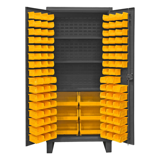 Centerline Dynamics Durham Speciality Cabinets Yellow Durham Cabinet, 12 Gauge, 3 Shelves, 102 Bins, 36 x 24 x 78