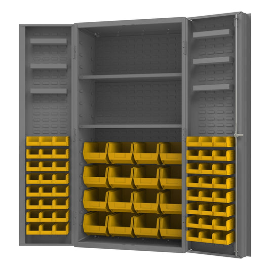 Centerline Dynamics Durham Speciality Cabinets Yellow Durham Cabinet, 14 Gauge, 2 Shelves, 6 Door Trays, 64 Red Bins, 36 x 24 x 72