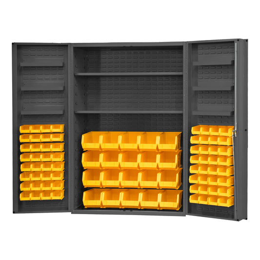 Centerline Dynamics Durham Speciality Cabinets Yellow Durham Cabinet, 14 Gauge, 2 Shelves, 6 Door Trays, 84 Red Bins, 48 x 24 x 72