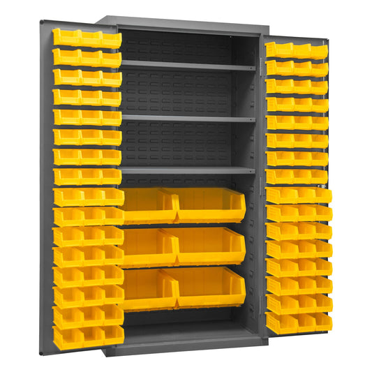 Centerline Dynamics Durham Speciality Cabinets Yellow Durham Cabinet, 14 Gauge, 3 Shelves, 102 Red Bins, 36 x 24 x 72