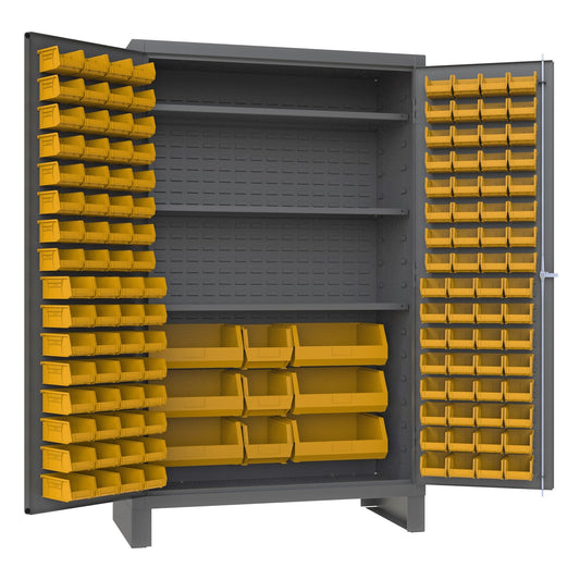 Centerline Dynamics Durham Speciality Cabinets Yellow Durham Cabinet, 14 Gauge, 3 Shelves, 137 Red Bins, 48 x 24 x 78