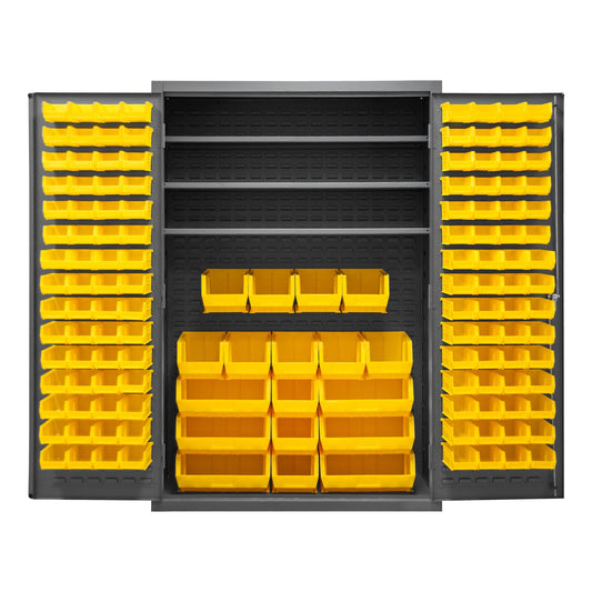 Centerline Dynamics Durham Speciality Cabinets Yellow Durham Cabinet, 14 Gauge, 3 Shelves, 138 Red Bins, 48 x 24 x 72