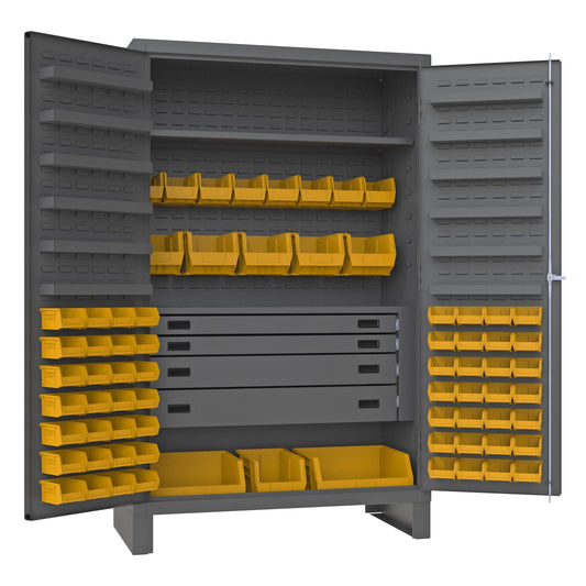 Centerline Dynamics Durham Speciality Cabinets Yellow Durham Cabinet, 14 Gauge, 4 Drawer, 12 Door Shelves, 72 Bins, 48 x 24 x 78