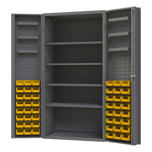 Centerline Dynamics Durham Speciality Cabinets Yellow Durham Cabinet, 14 Gauge, 4 Shelves, 6 Door Trays, 48 Red Bins, 36 x 24 x 72
