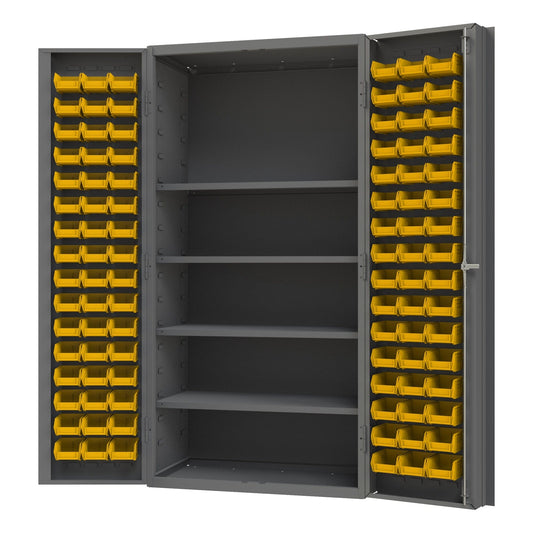 Centerline Dynamics Durham Speciality Cabinets Yellow Durham Cabinet, 14 Gauge, 4 Shelves, 96 Red Bins, 36 x 24 x 72