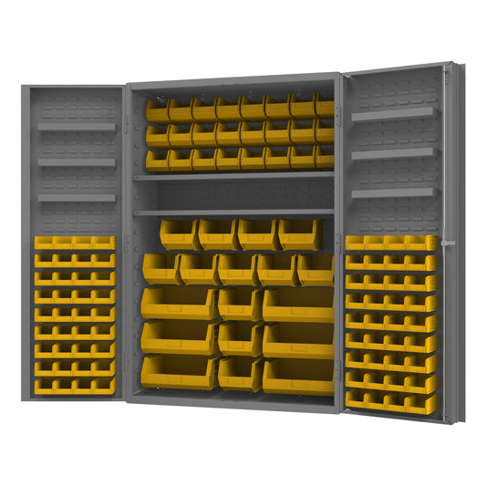 Centerline Dynamics Durham Speciality Cabinets Yellow Durham Cabinet, 14 Gauge, 6 Door Trays, 2 adjustable shelves, 114 Bins, 48 x 24 x 72