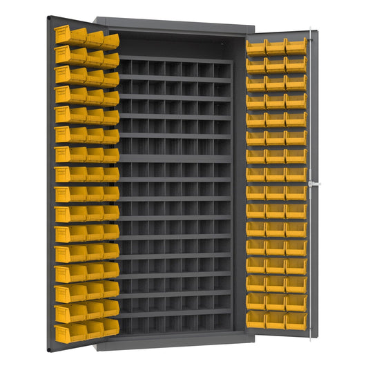 Centerline Dynamics Durham Speciality Cabinets Yellow Durham Small Parts Storage & Security Cabinet with 112 Steel Pigeon Hole Bins & 96 Hook-On-Bins®