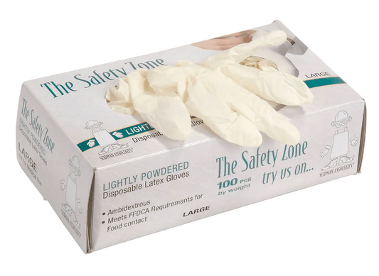 Centerline Dynamics Gloves Safety Zone Disposable Latex Gloves, Large, White, 100/Box, Powdered