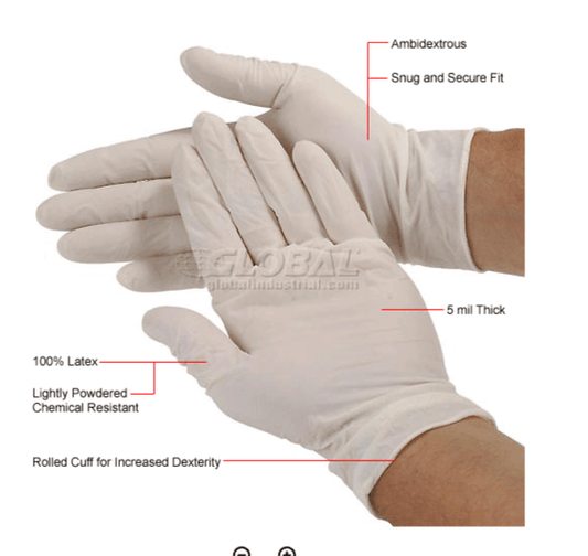 Centerline Dynamics Gloves Safety Zone Disposable Latex Gloves, Large, White, 100/Box, Powdered