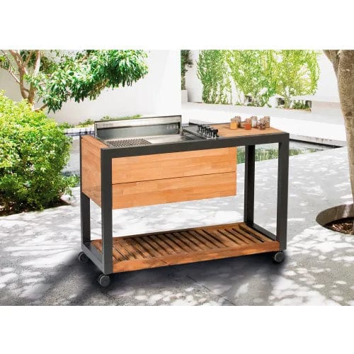 Centerline Dynamics Grills & Smokers Outdoor Mobile Grill Island, 4 Burner, Propane Gas, Teak/Black