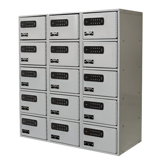 Centerline Dynamics Mobile Device Lockers Electronic Lock Hallowell Cell Phone/Tablet Locker, 27"W x 12"D x 30-1/2"H, 711 Light Gray, 5-Tier, 3-Wide, Assembled